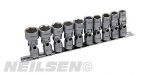 UNIVERSAL JOINT SOCKETS 10PC 10-19MM ON RAIL SHALLOW