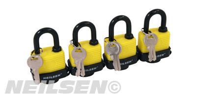 4 X KEYED ALIKE 40MM WATER RESISTANT WEATHERPROOF STEEL HEAVY DUTY PADLOCKS