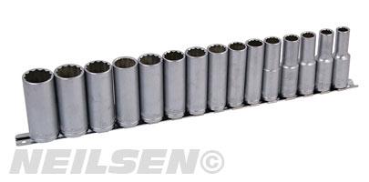 SOCKET SET - 15 PIECE 1/2IN. DRIVE/ DEEP ON A RAIL